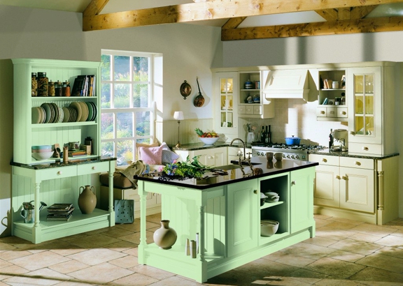 Светло - зеленая кухня в стиле кантри