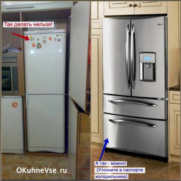 Обычный холодильник нельзя встроить в шкаф